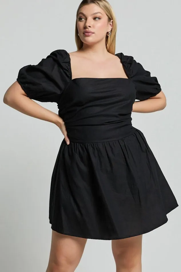 Claudina Mini Dress 8211 Linen Look Puff Sleeve Ruched Bodice Dress In Black Women Showpo Curve Clothes