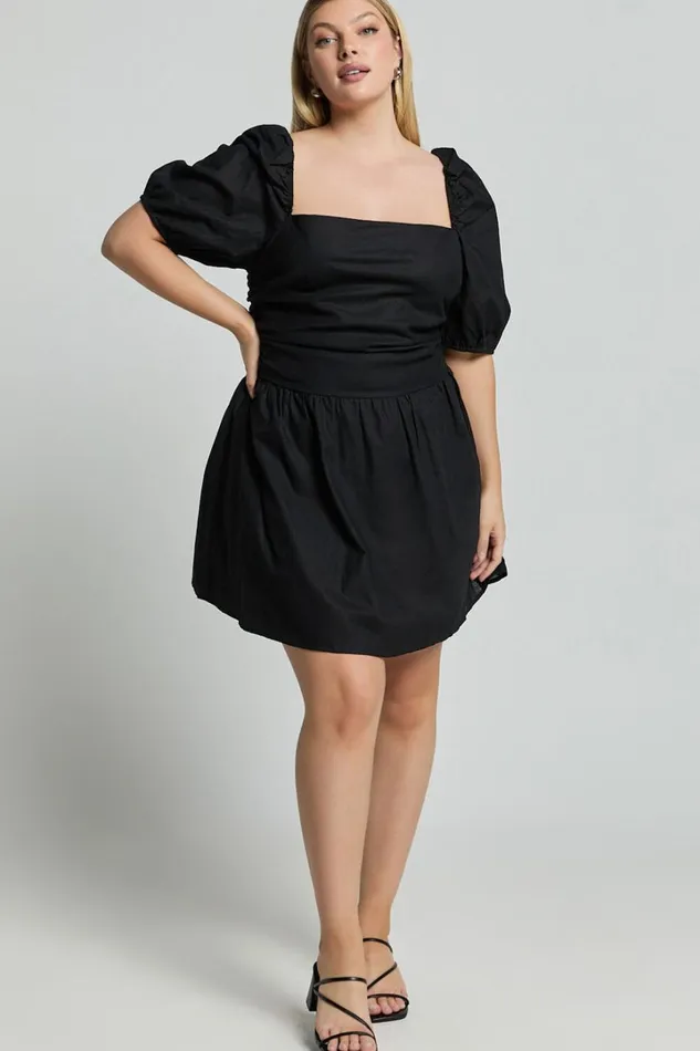 Claudina Mini Dress 8211 Linen Look Puff Sleeve Ruched Bodice Dress In Black Women Showpo Curve Clothes