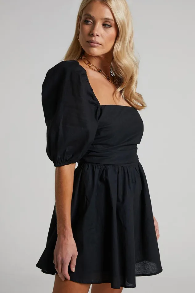 Claudina Mini Dress 8211 Linen Look Puff Sleeve Ruched Bodice Dress In Black Women Showpo Curve Clothes