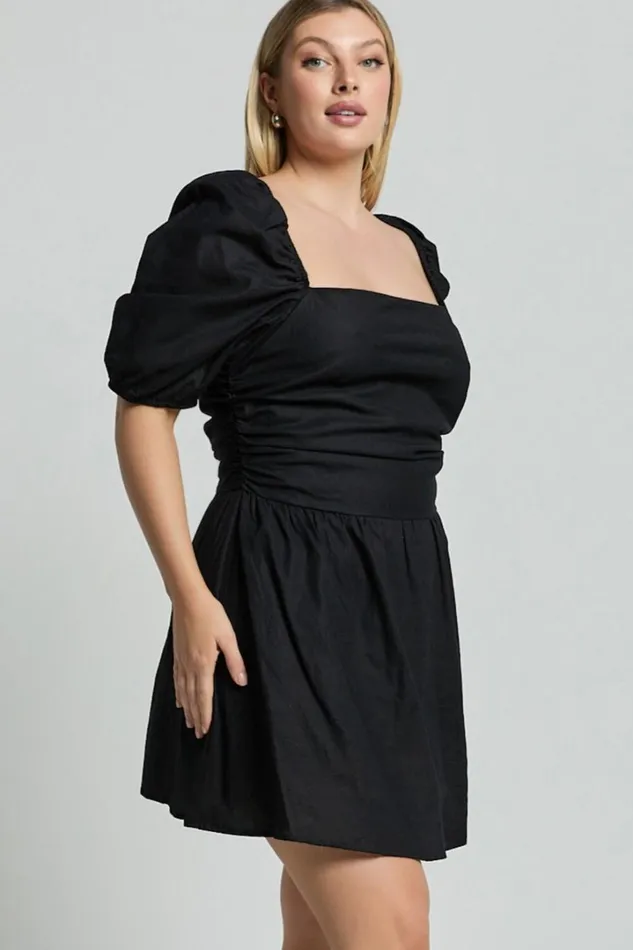 Claudina Mini Dress 8211 Linen Look Puff Sleeve Ruched Bodice Dress In Black Women Showpo Curve Clothes