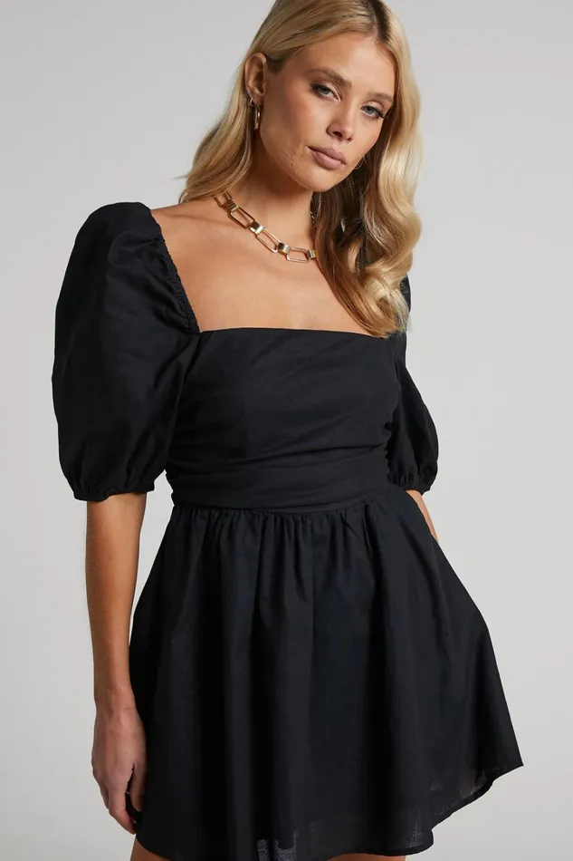 Claudina Mini Dress 8211 Linen Look Puff Sleeve Ruched Bodice Dress In Black Women Showpo Curve Clothes