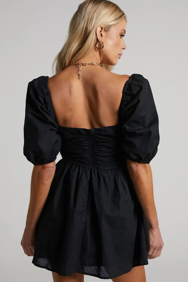 Claudina Mini Dress 8211 Linen Look Puff Sleeve Ruched Bodice Dress In Black Women Showpo Curve Clothes