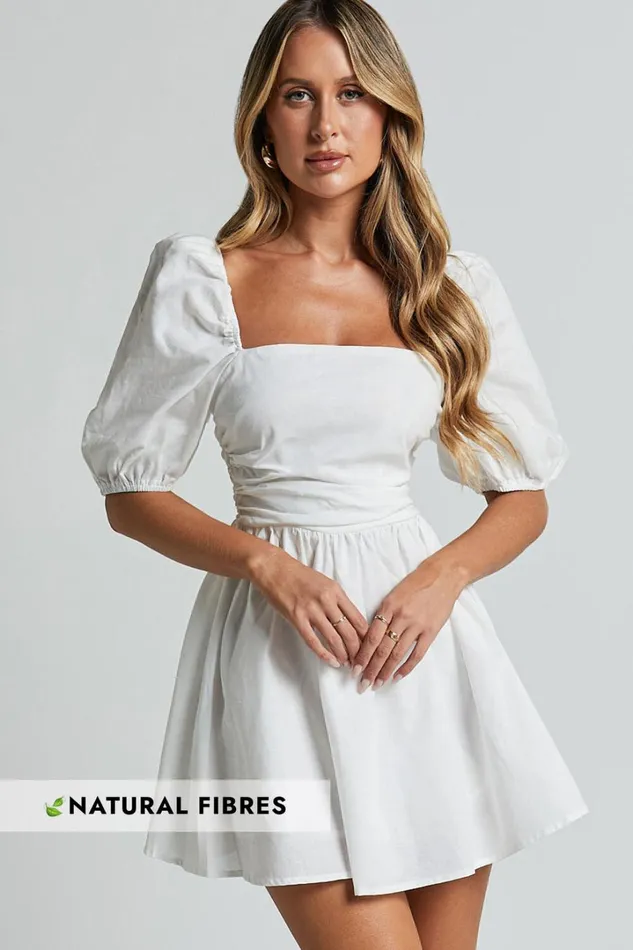 Claudina Mini Dress 8211 Linen Look Puff Sleeve Ruched Bodice Dress In White Women Showpo Conscious Claudina Mini Dress 8211 Linen Look Puff Sleeve Ruched Bodice Dress In White Women Showpo Conscious