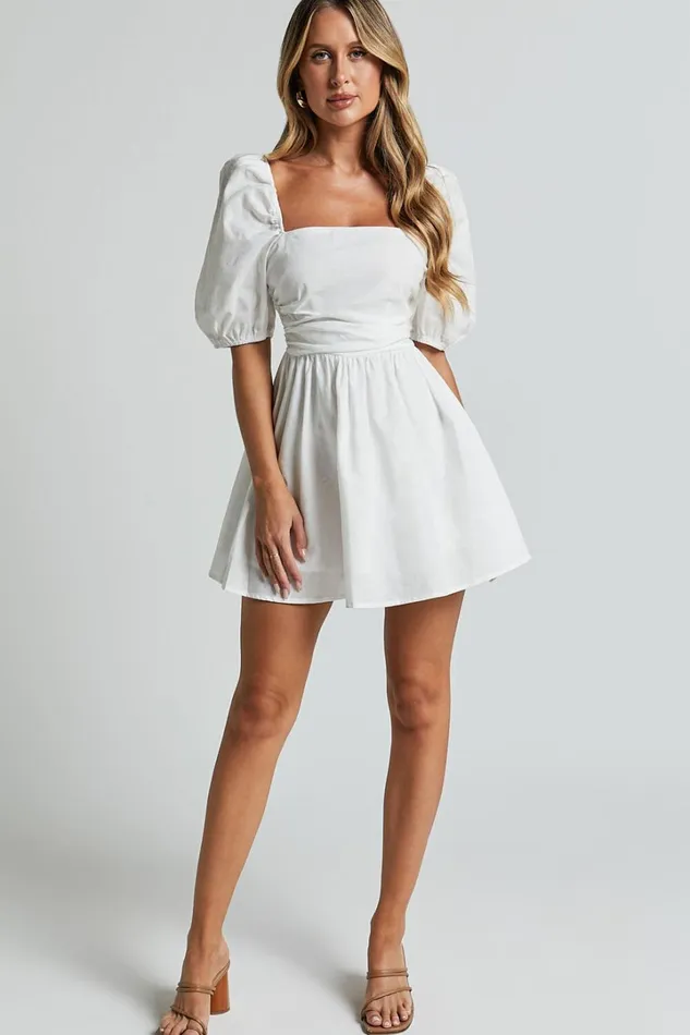 Claudina Mini Dress 8211 Linen Look Puff Sleeve Ruched Bodice Dress In White Women Showpo Conscious