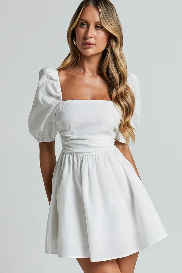 Claudina Mini Dress 8211 Linen Look Puff Sleeve Ruched Bodice Dress In White Women Showpo Conscious