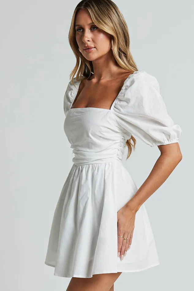 Claudina Mini Dress 8211 Linen Look Puff Sleeve Ruched Bodice Dress In White Women Showpo Conscious