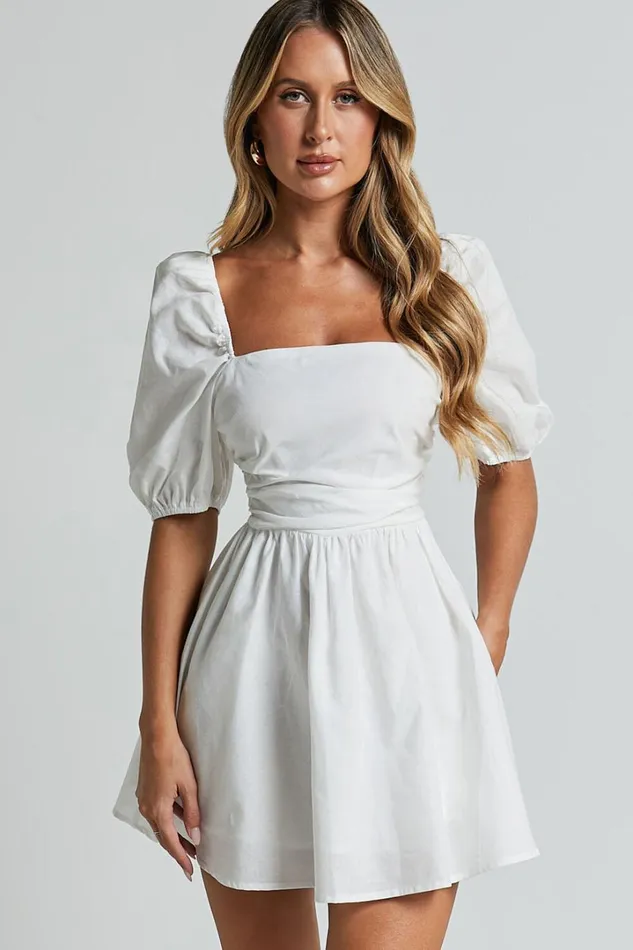 Claudina Mini Dress 8211 Linen Look Puff Sleeve Ruched Bodice Dress In White Women Showpo Conscious