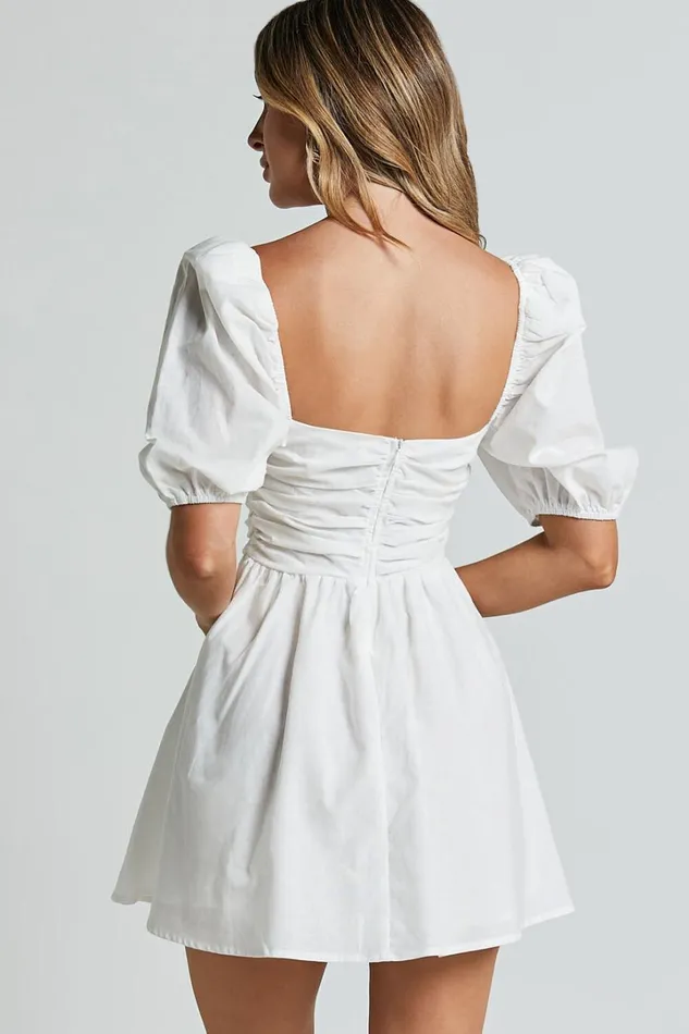 Claudina Mini Dress 8211 Linen Look Puff Sleeve Ruched Bodice Dress In White Women Showpo Conscious