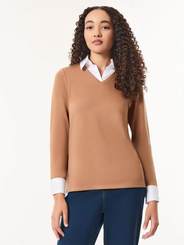 Collared Shirt VNeck TwoFer Top Women Jones New York Sale Collared Shirt VNeck TwoFer Top Women Jones New York Sale