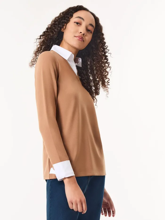 Collared Shirt VNeck TwoFer Top Women Jones New York Sale Collared Shirt VNeck TwoFer Top Women Jones New York Sale