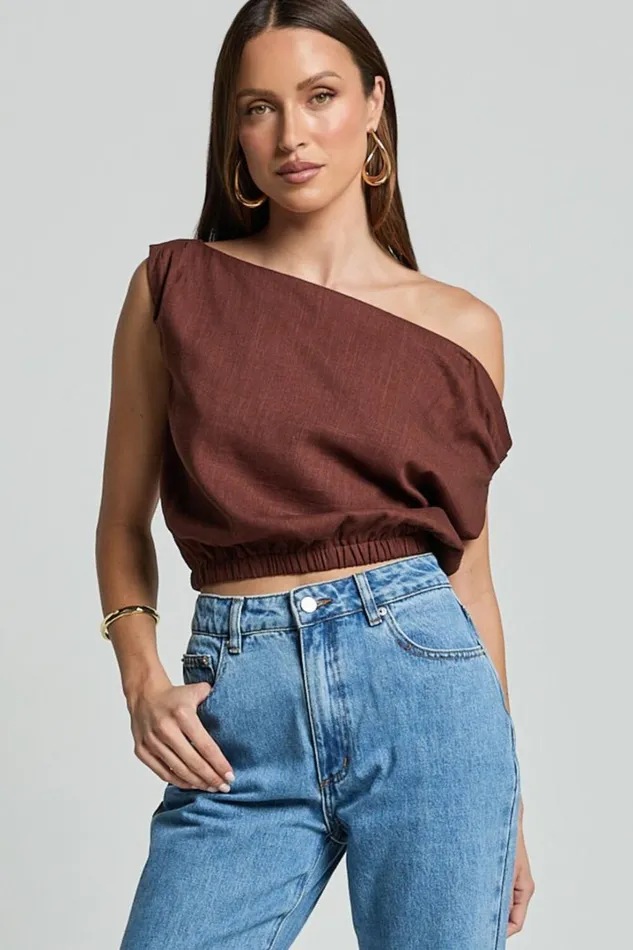Collins Top 8211 Draped Asymmetrical Neckline Top In Chocolate Women Showpo Tops
