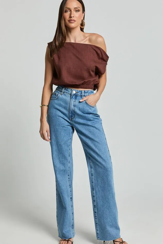 Collins Top 8211 Draped Asymmetrical Neckline Top In Chocolate Women Showpo Tops