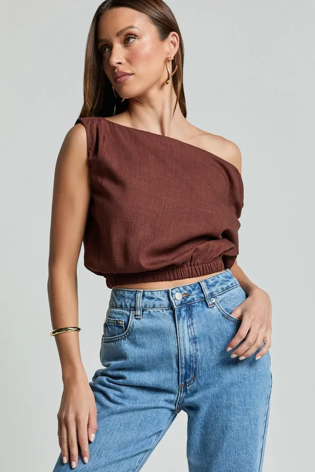 Collins Top 8211 Draped Asymmetrical Neckline Top In Chocolate Women Showpo Tops