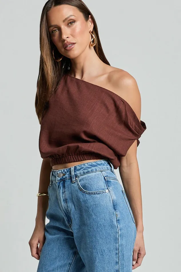 Collins Top 8211 Draped Asymmetrical Neckline Top In Chocolate Women Showpo Tops