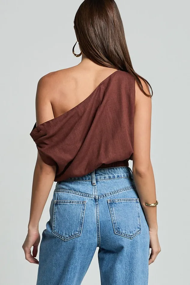 Collins Top 8211 Draped Asymmetrical Neckline Top In Chocolate Women Showpo Tops