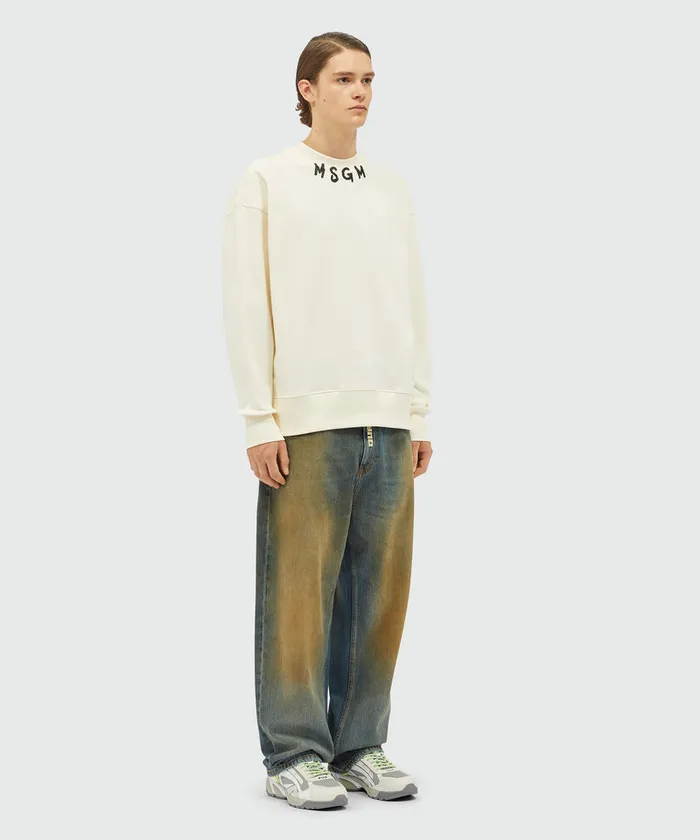 Cotton Crewneck Sweater Wth Brushstroke Logo Positioned At The Neck Men MSGM Hoodies And Sweatshirts