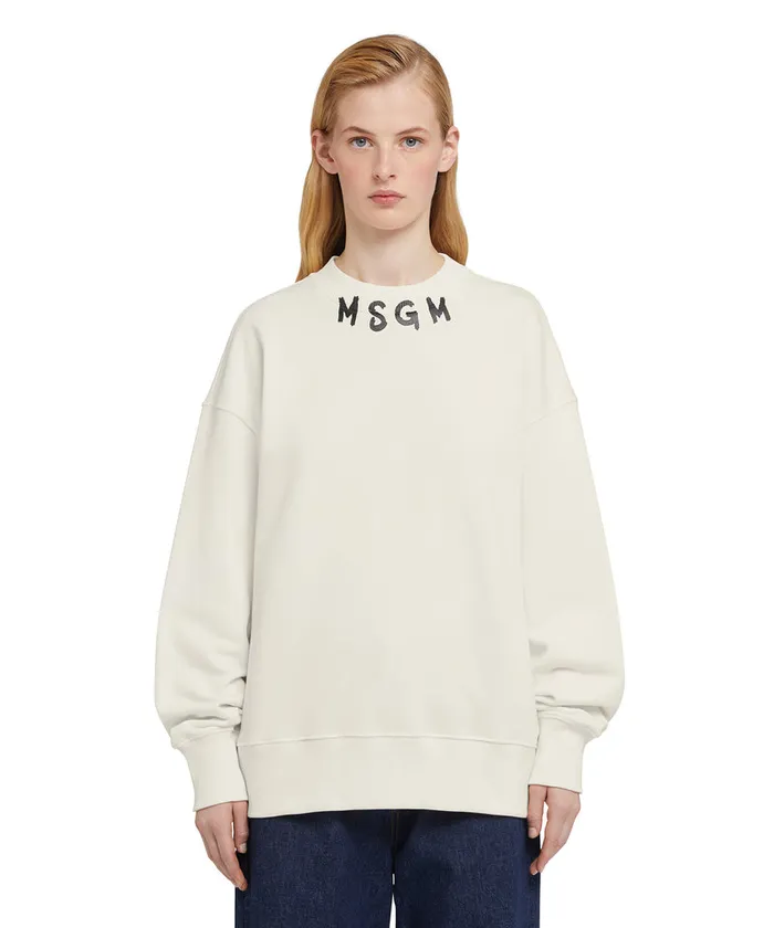 Cotton Crewneck Sweater Wth Brushstroke Logo Positioned At The Neck Men MSGM Hoodies And Sweatshirts