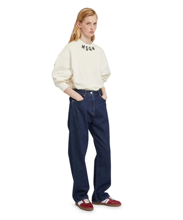 Cotton Crewneck Sweater Wth Brushstroke Logo Positioned At The Neck Men MSGM Hoodies And Sweatshirts