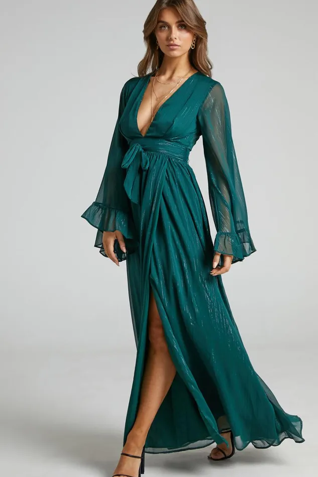 Dangerous Woman Maxi Dress 8211 Plunge Thigh Split Dress In Emerald Women Showpo Curve Clothes