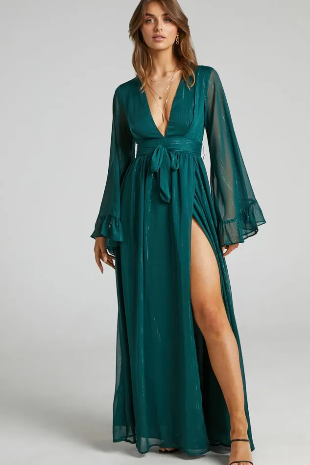 Dangerous Woman Maxi Dress 8211 Plunge Thigh Split Dress In Emerald Women Showpo Curve Clothes