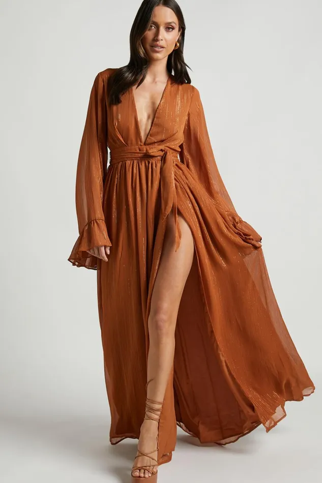Dangerous Woman Maxi Dress 8211 Plunge Thigh Split Dress In Rust Women Showpo Curve Clothes
