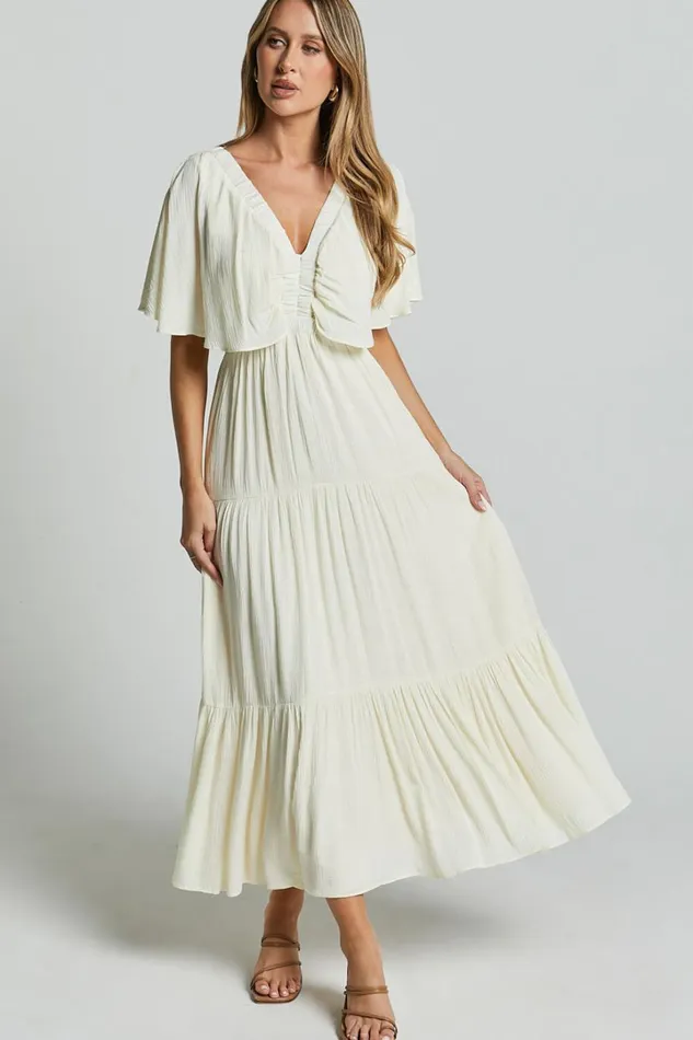 Danny Midi Dress 8211 Ruffle Sleeve Tiered Dress In Natural Women Showpo Dresses