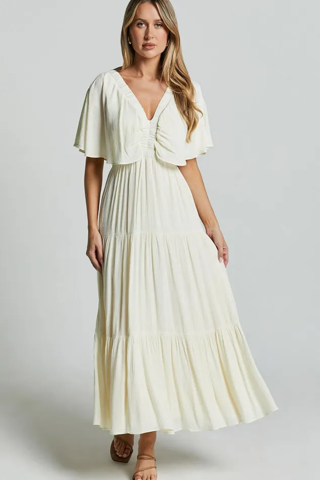 Danny Midi Dress 8211 Ruffle Sleeve Tiered Dress In Natural Women Showpo Dresses