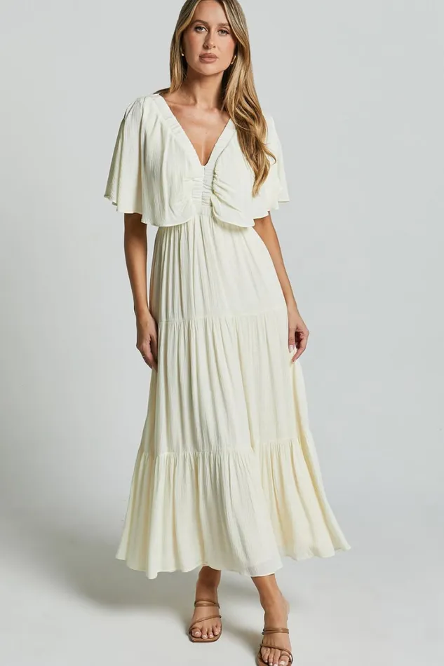 Danny Midi Dress 8211 Ruffle Sleeve Tiered Dress In Natural Women Showpo Dresses