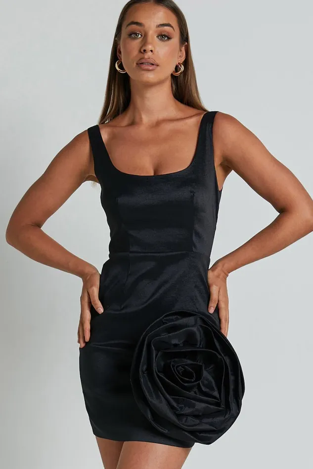 Datasha Mini Dress 8211 Scoop Neck Sleeveless Rosette Detail Dress In Black Women Showpo Dresses Datasha Mini Dress 8211 Scoop Neck Sleeveless Rosette Detail Dress In Black Women Showpo Dresses