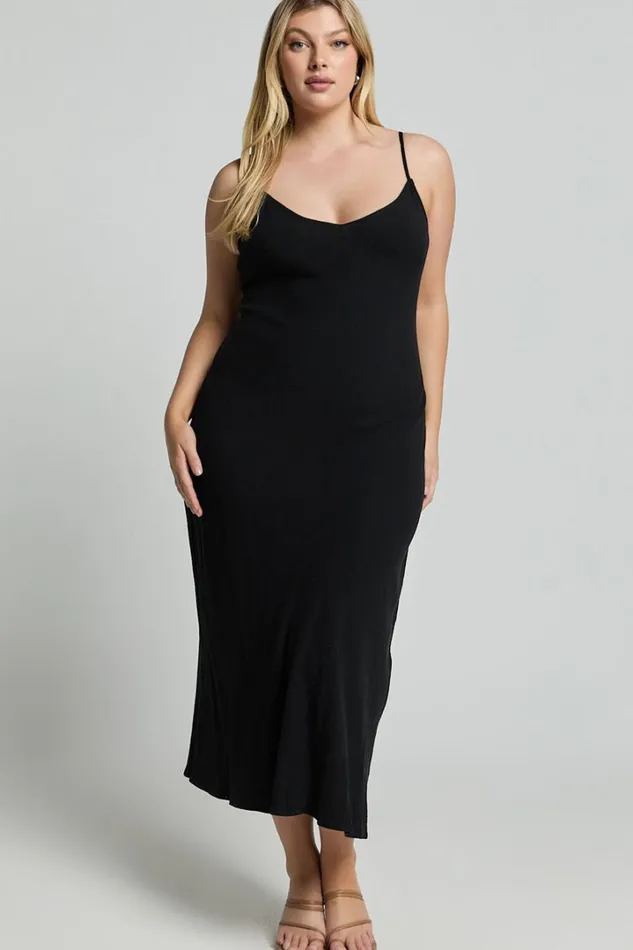 Delaina Midi Dress 8211 Linen Look Strappy V Neck Bias Cut Slip In Black Women Showpo Curve Clothes