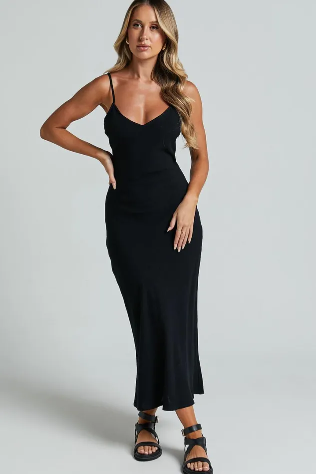 Delaina Midi Dress 8211 Linen Look Strappy V Neck Bias Cut Slip In Black Women Showpo Curve Clothes