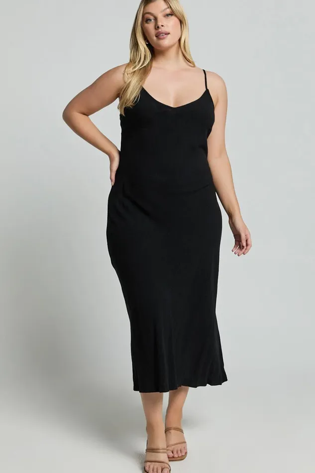 Delaina Midi Dress 8211 Linen Look Strappy V Neck Bias Cut Slip In Black Women Showpo Curve Clothes