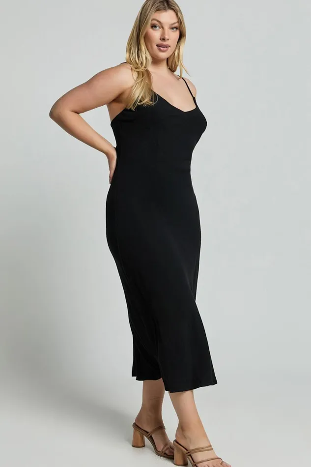 Delaina Midi Dress 8211 Linen Look Strappy V Neck Bias Cut Slip In Black Women Showpo Curve Clothes