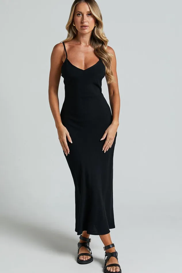 Delaina Midi Dress 8211 Linen Look Strappy V Neck Bias Cut Slip In Black Women Showpo Curve Clothes
