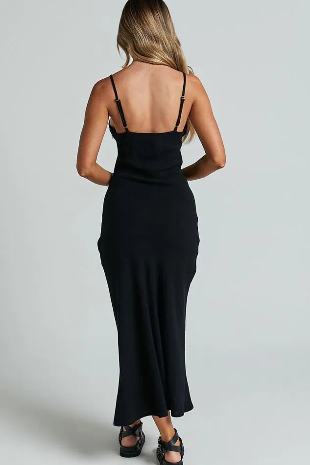 Delaina Midi Dress 8211 Linen Look Strappy V Neck Bias Cut Slip In Black Women Showpo Curve Clothes