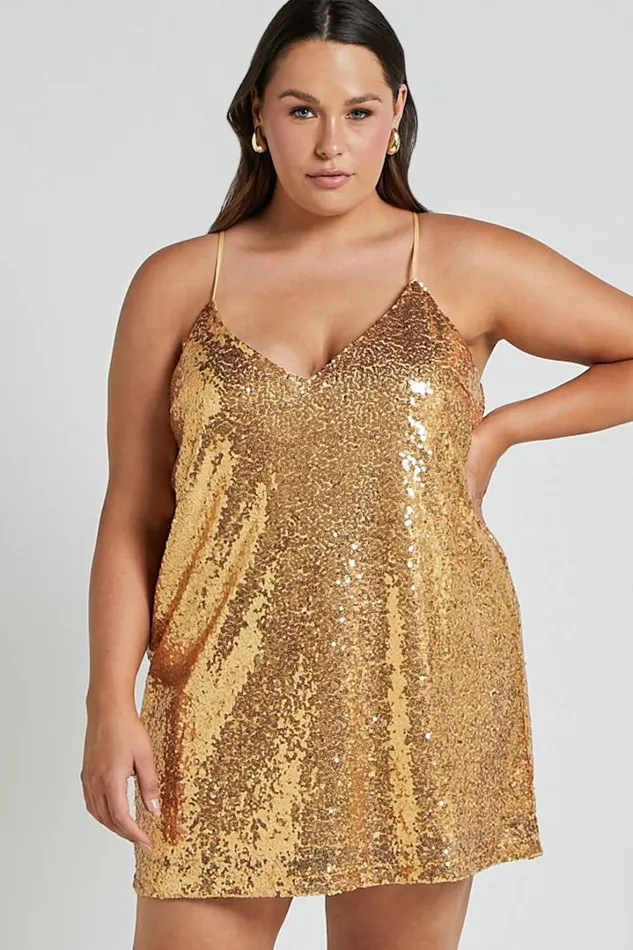 Delilaah Mini Dress 8211 Strappy V Neck Slip Sequin Dress In Gold Sequins Women Showpo Curve Clothes