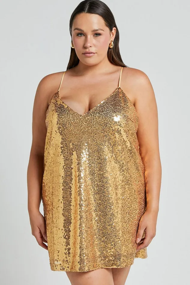 Delilaah Mini Dress 8211 Strappy V Neck Slip Sequin Dress In Gold Sequins Women Showpo Curve Clothes
