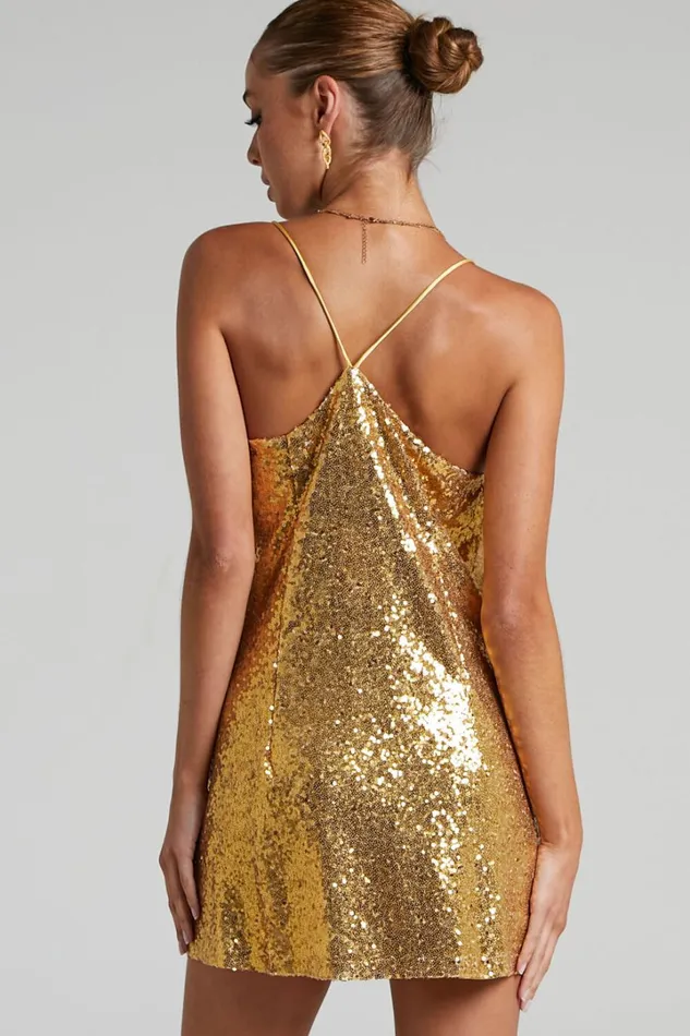 Delilaah Mini Dress 8211 Strappy V Neck Slip Sequin Dress In Gold Sequins Women Showpo Curve Clothes
