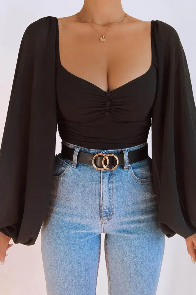 Dermot Bodysuit 8211 Balloon Sleeve Bodysuit In Black Women Showpo Curve Clothes