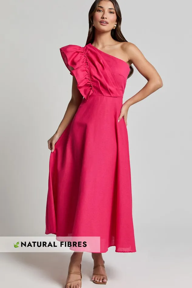 Dixie Midi Dress 8211 Linen Look One Shoulder Ruffle Dress In Raspberry Women Showpo Curve Clothes Dixie Midi Dress 8211 Linen Look One Shoulder Ruffle Dress In Raspberry Women Showpo Curve Clothes