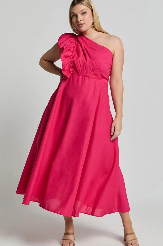 Dixie Midi Dress 8211 Linen Look One Shoulder Ruffle Dress In Raspberry Women Showpo Curve Clothes