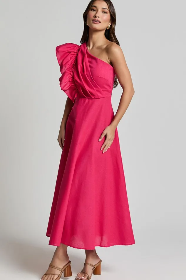 Dixie Midi Dress 8211 Linen Look One Shoulder Ruffle Dress In Raspberry Women Showpo Curve Clothes