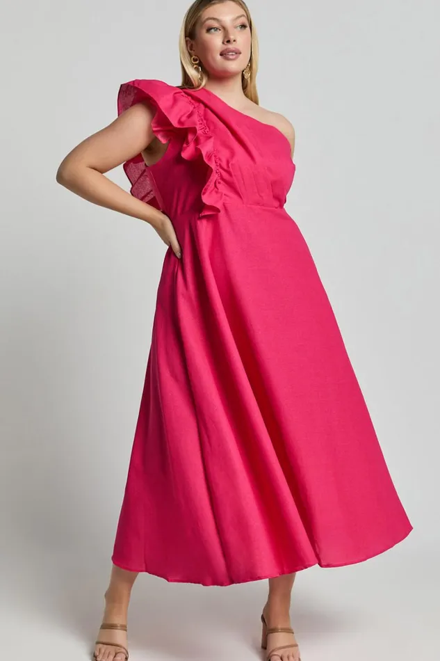 Dixie Midi Dress 8211 Linen Look One Shoulder Ruffle Dress In Raspberry Women Showpo Curve Clothes