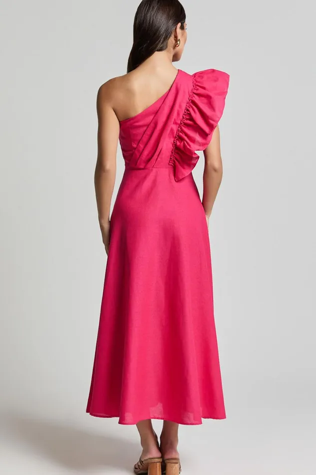 Dixie Midi Dress 8211 Linen Look One Shoulder Ruffle Dress In Raspberry Women Showpo Curve Clothes