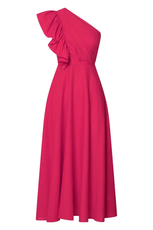 Dixie Midi Dress 8211 Linen Look One Shoulder Ruffle Dress In Raspberry Women Showpo Curve Clothes