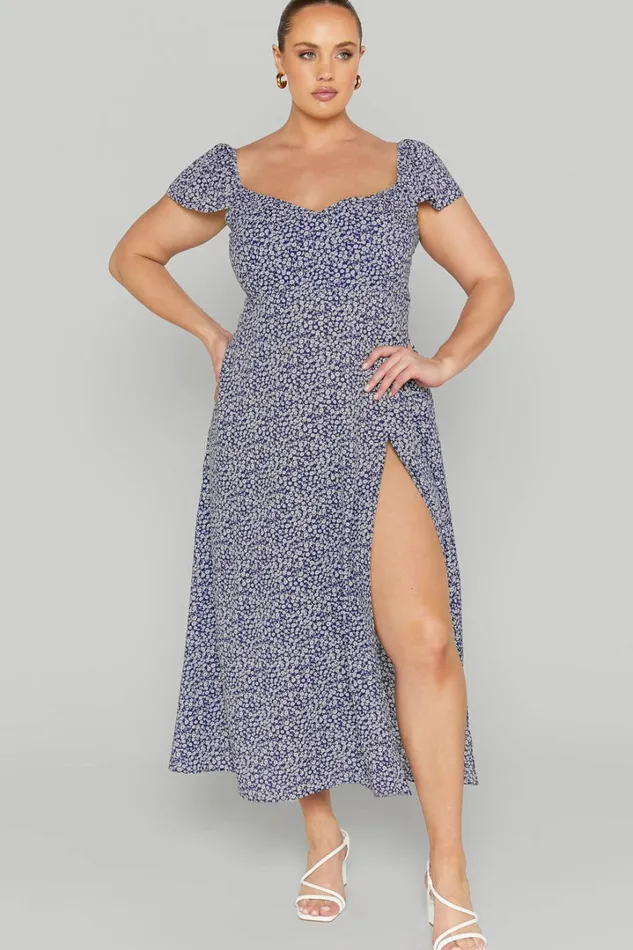 Donissa Midi Dress 8211 Thigh Split Flutter Sleeve Dress In Blue Women Showpo Curve Clothes