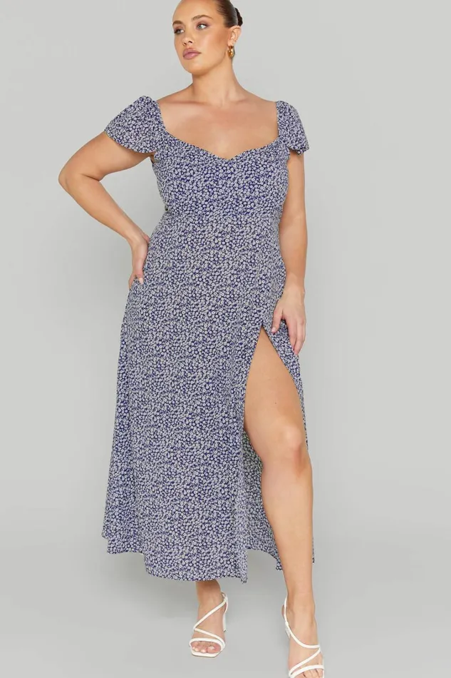 Donissa Midi Dress 8211 Thigh Split Flutter Sleeve Dress In Blue Women Showpo Curve Clothes