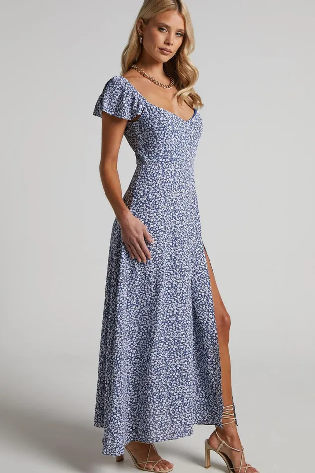 Donissa Midi Dress 8211 Thigh Split Flutter Sleeve Dress In Blue Women Showpo Curve Clothes