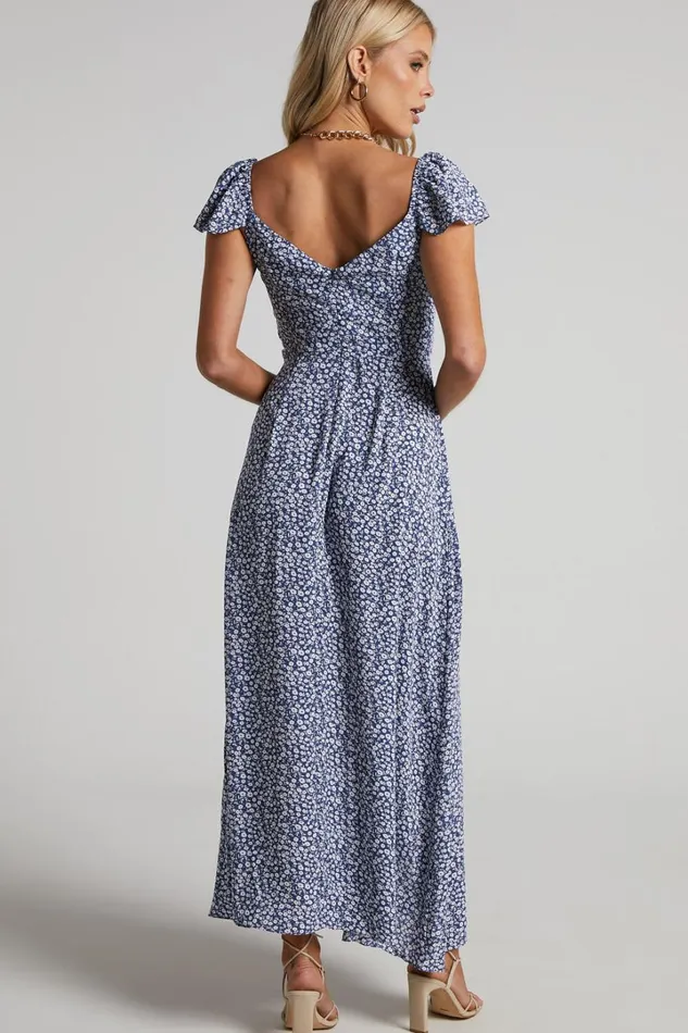Donissa Midi Dress 8211 Thigh Split Flutter Sleeve Dress In Blue Women Showpo Curve Clothes