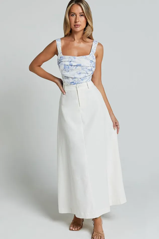 Dresden Top 8211 Square Neck Ruched Bodice Corset Top In White And Blue Floral Women Showpo Tops